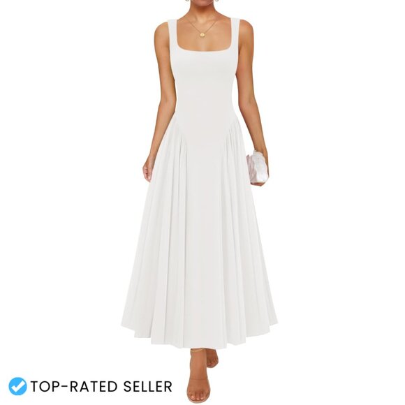 Sleeveless Square Neck Maxi Dress Flowy A-Line Elegant Summer Casual